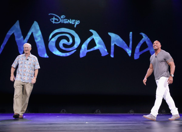 ANAHEIM, CA - AUGUST 14: Director John Musker (L) and actor Dwayne Johnson of MOANA took part today in "Pixar and Walt Disney Animation Studios: The Upcoming Films" presentation at Disney's D23 EXPO 2015 in Anaheim, Calif.  (Photo by Jesse Grant/Getty Images for Disney) *** Local Caption *** Dwayne Johnson; John Musker